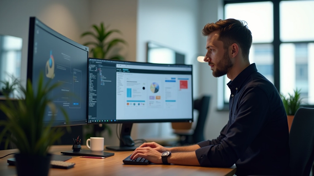 Designer at desk with monitors showing Figma component library and documentation, collaborative workspace setup