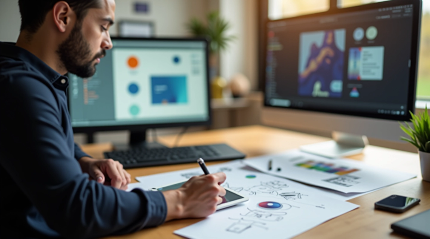 Designer working at wooden desk with tablet, sketching Figma component layouts and design system architecture