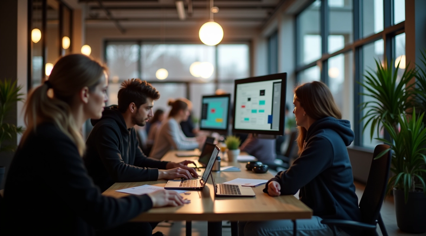 Design team collaborating on component library in modern studio environment