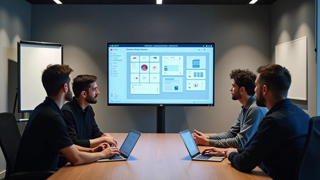 Modern office conference room with team members collaborating at table with design materials and laptops