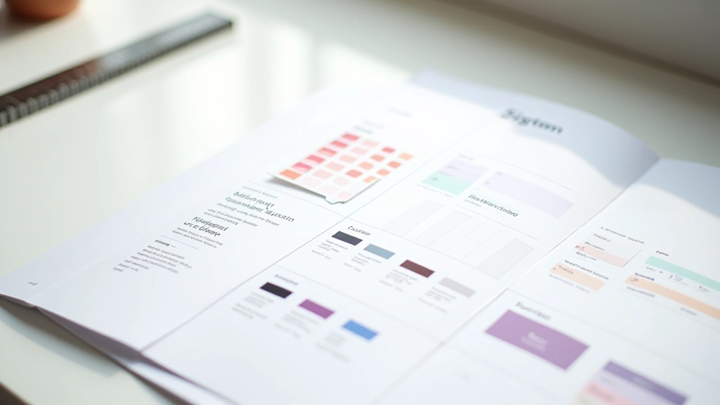 Printed design system documentation showing color palettes, typography scales, and spacing guidelines