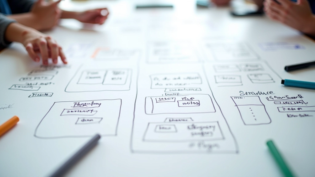 Whiteboard sketch showing workflow diagram for design system component request and approval process with multiple stages
